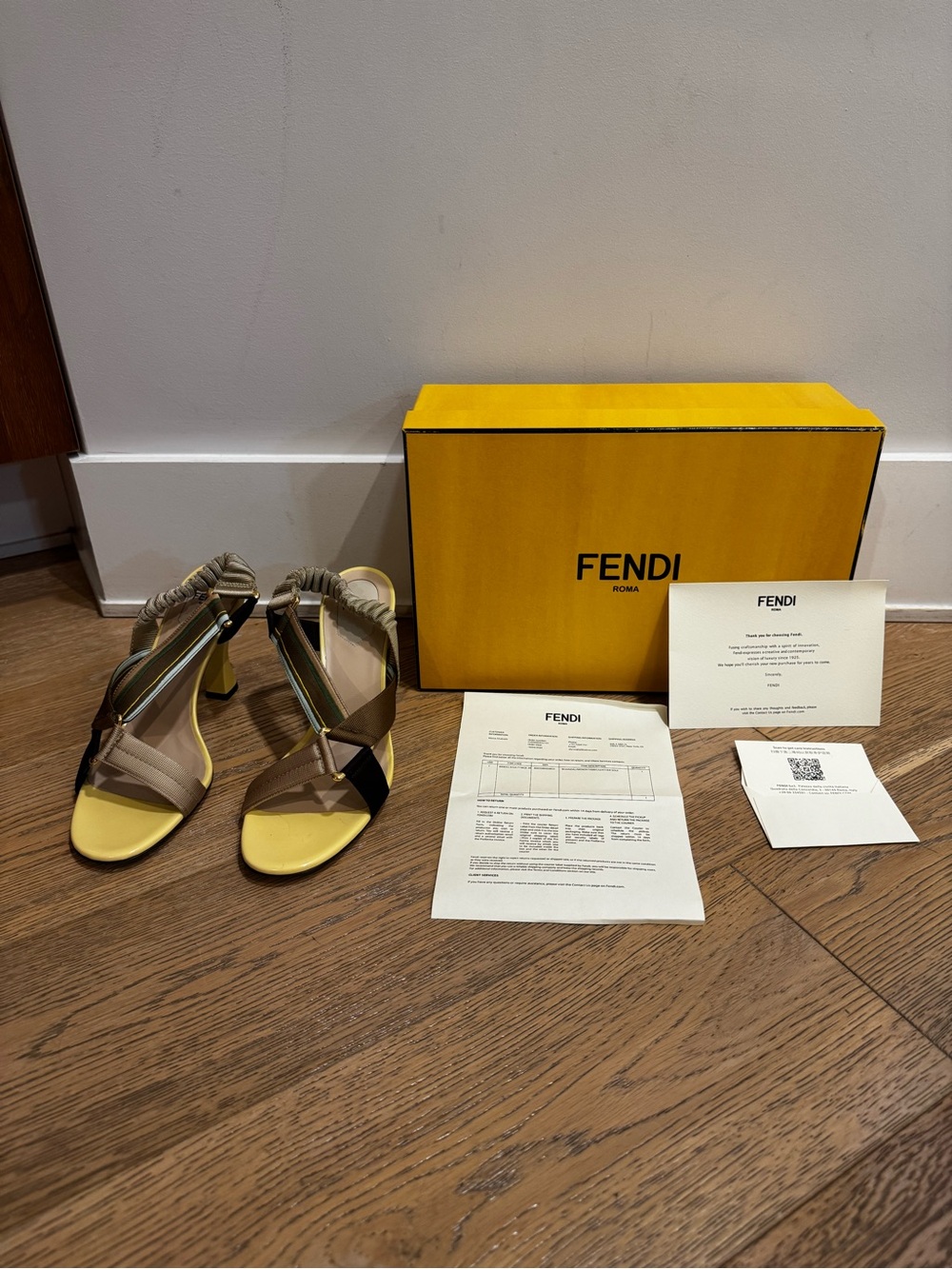 Fendi Yellow, Beige and Black Strappy High Heel Sandals